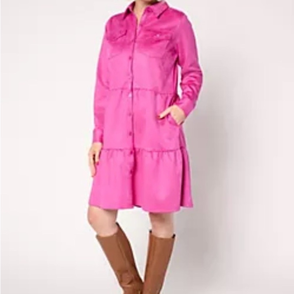 Belle by Kim Gravel Hot Pink Long Sleeve Tiered Shirt Dress